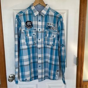 Authentic Parish Shirt Of Distinction Men's Size L Blue Checked Embroidered L/S